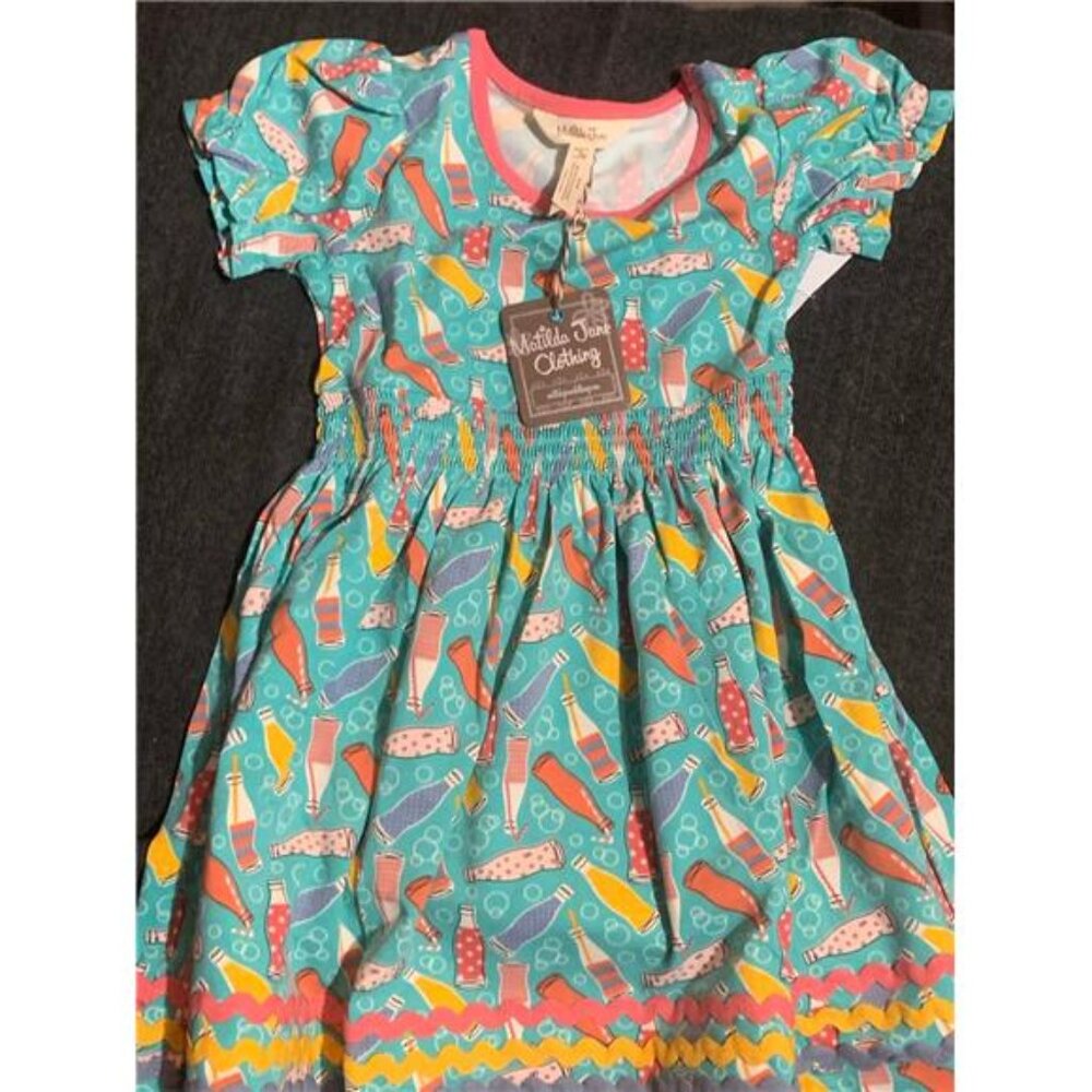 Matilda‎ Jane Clothing Soda Pop Dress Girls Size 4 Aqua Soda Bottles Ruffle Hem